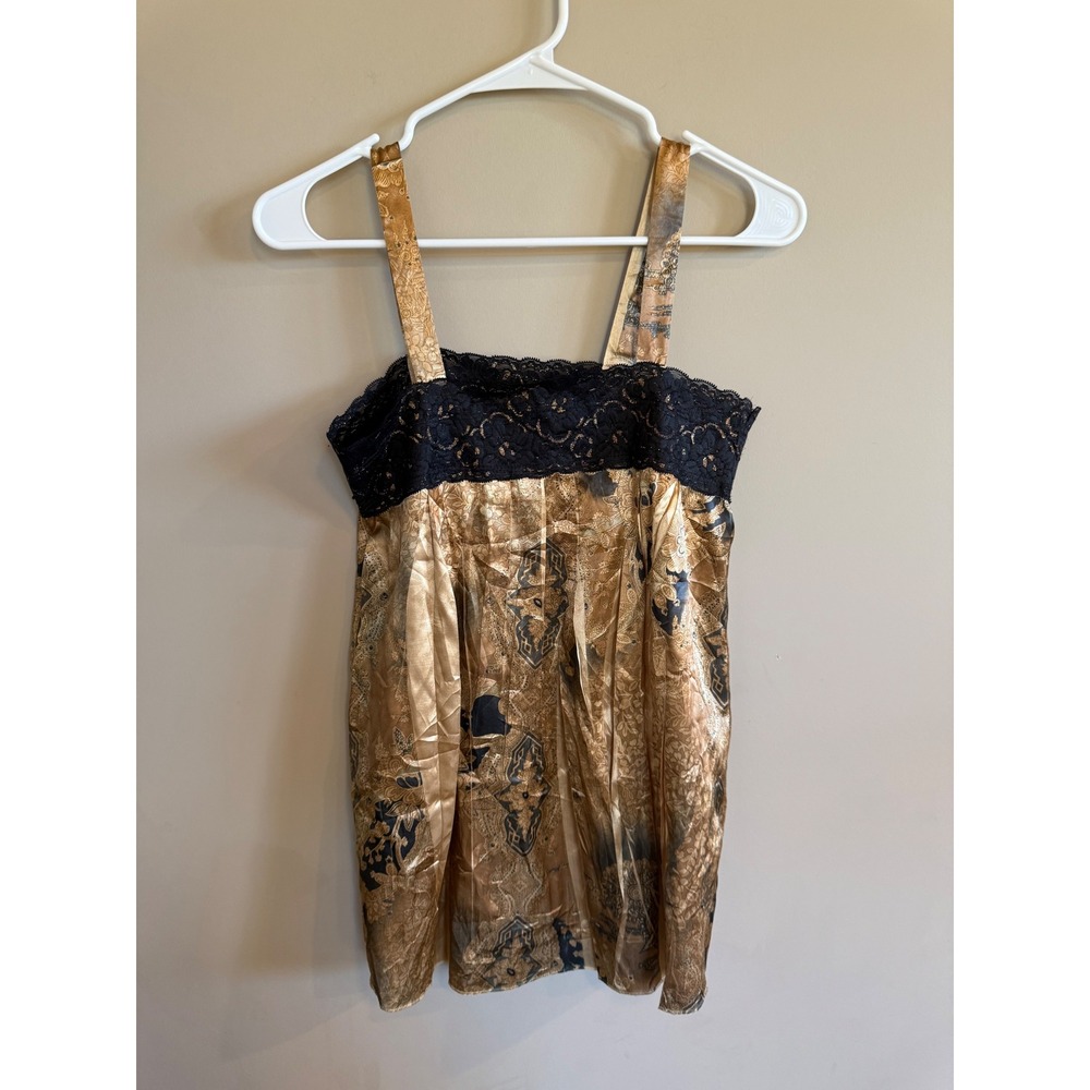 Daytrip womens cami top gold black print lace trim